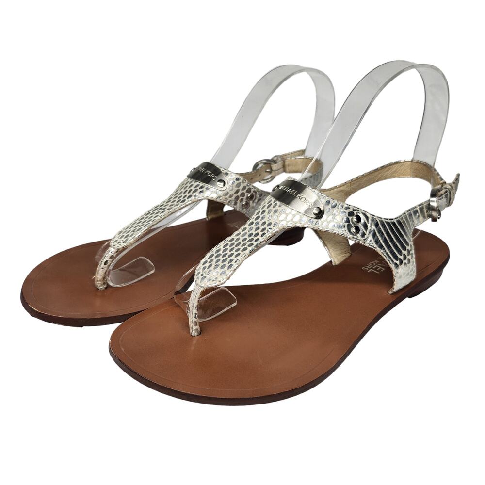 Michael Kors Shoes Womens 6 Silver Metallic Shiny Sandals Thong Ankle Strap - Picture 3 of 12